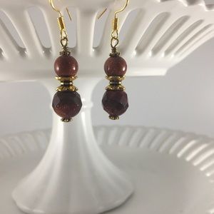 Handmade Earrings Unique Design Beaded Sandstone RedishBrown Gold Plated New